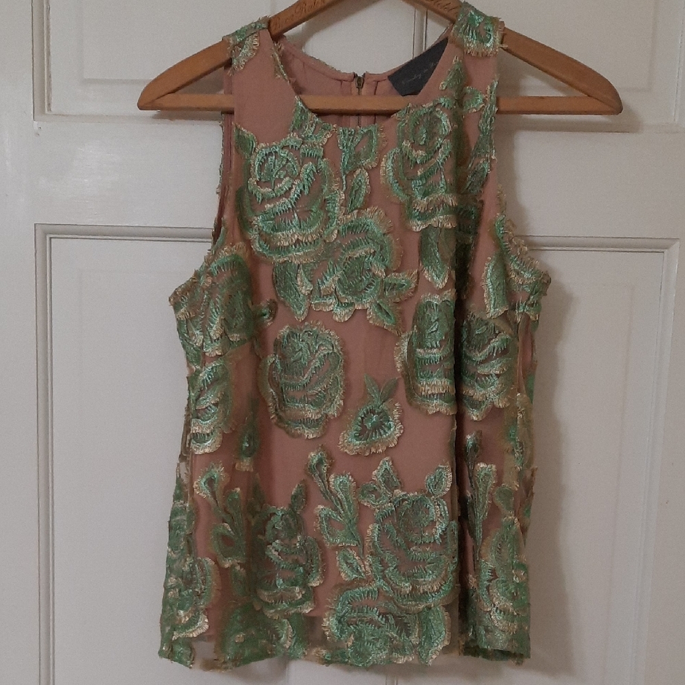 Anthropologie Brown Family and Green Embroidered Sleeveless Blouse Sz S